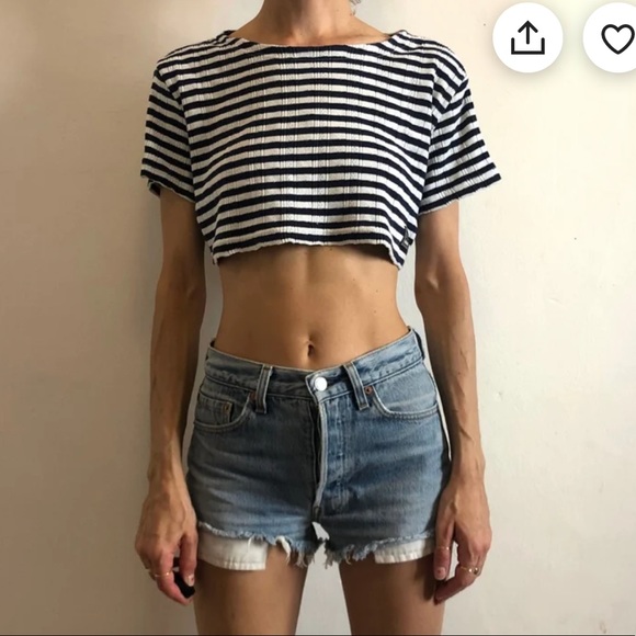 Vintage 90s Versace Jeans Couture Blue And White Striped Cotton Knit Crop Top - Picture 10 of 11